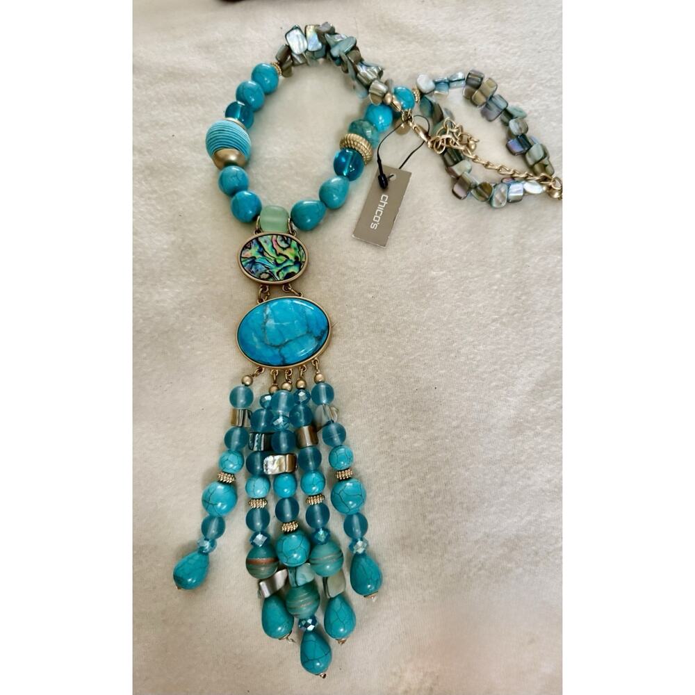 CHICO'S NWT women's mixed abalone turquoise long necklace